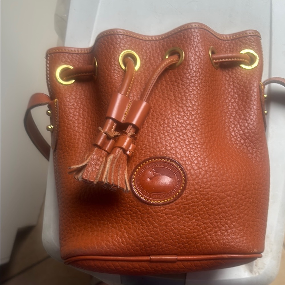 Vintage Dooney & Burke Caramel Brown Pebbled Leather Mini Bucket Bag